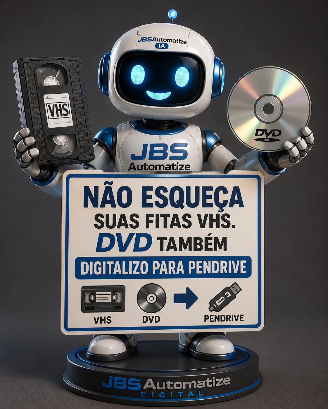 Robô JBSAutomatize com fita VHS e DVD para digitalização em pen-drive