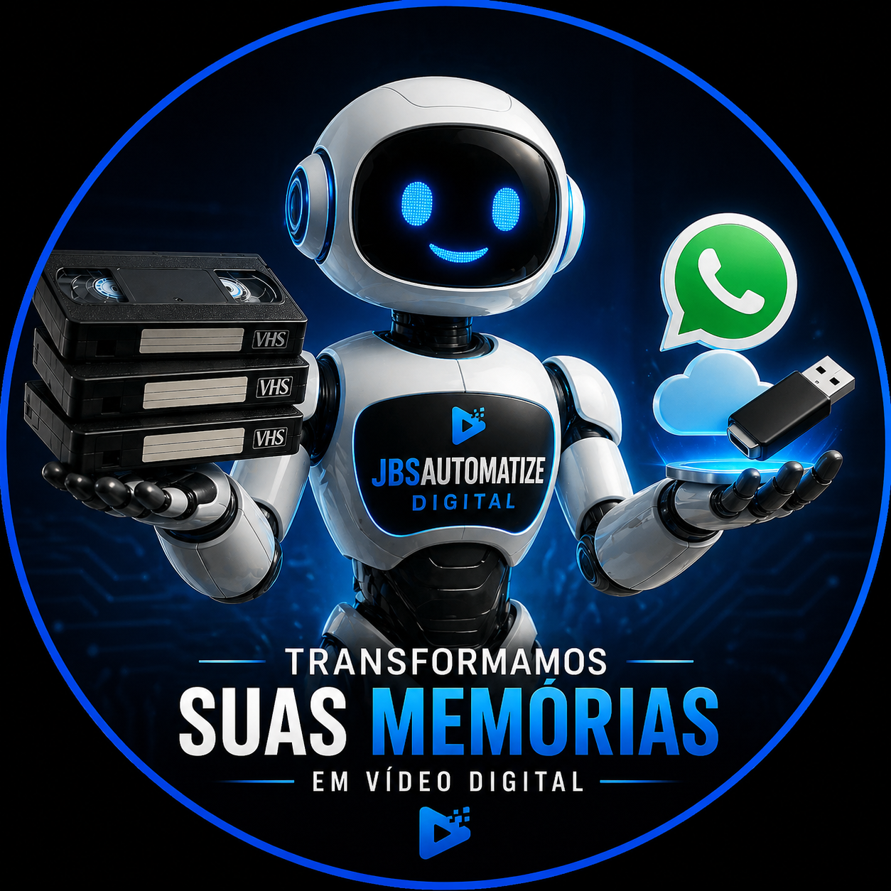 Robô JBSAutomatize apresentando a transformação de fitas VHS em vídeo digital